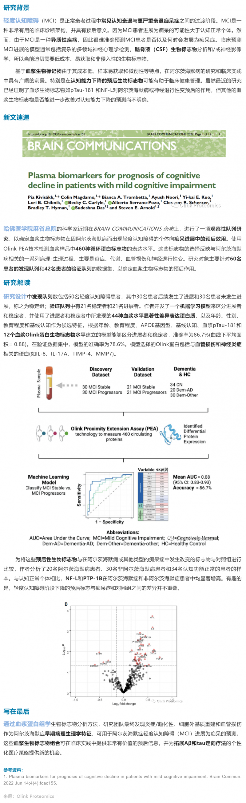 干貨解讀 | 輕度認知障礙患者認知下降預后血漿生物標志物研發(fā)案例