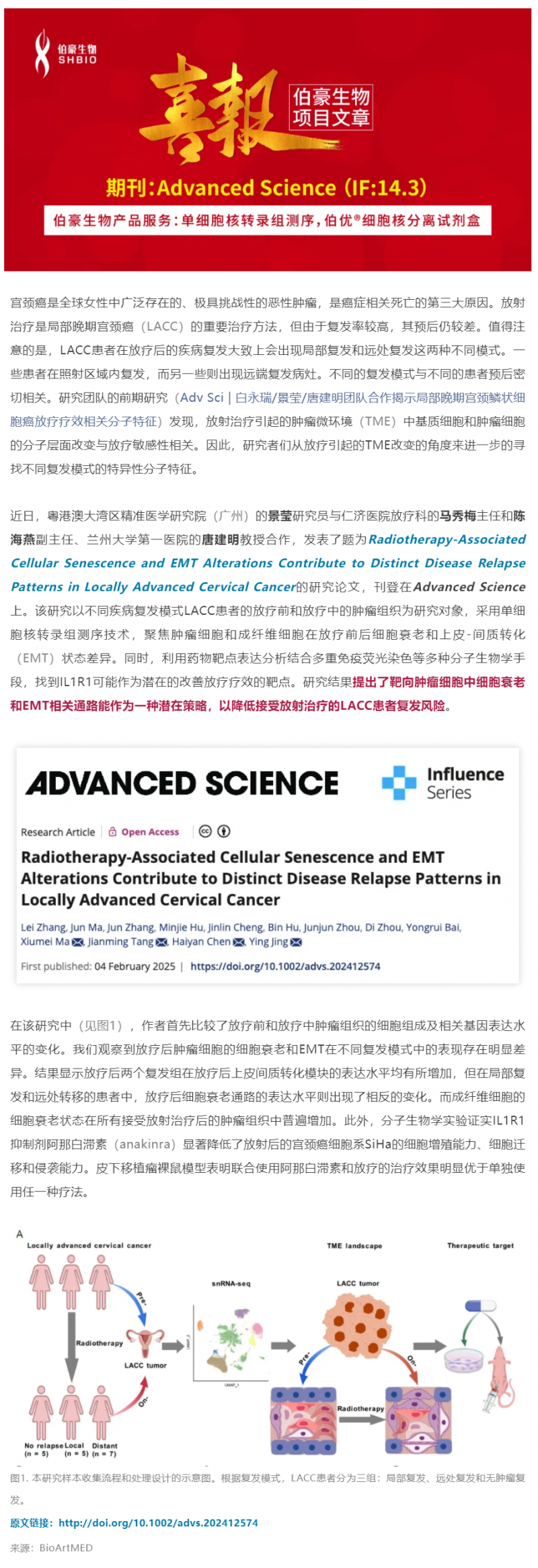 客戶項目文章丨馬秀梅_陳海燕_景瑩_唐建明團隊合作揭示細胞衰老和 EMT 調(diào)節(jié)局部晚期宮頸癌不同的疾病復(fù)